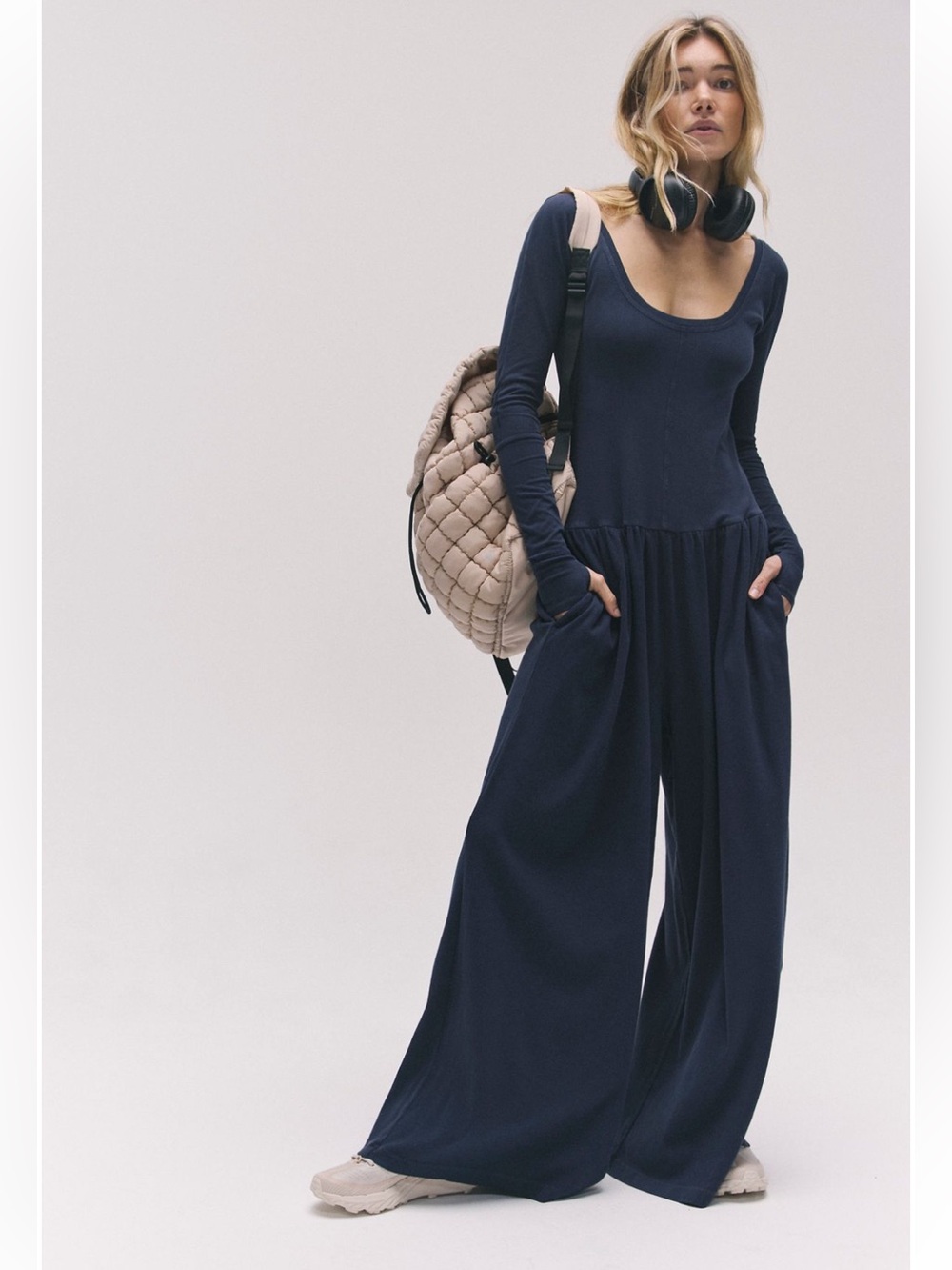 FP Movement hot shot wide-leg long sleeve onesie jumpsuit midnight navy blue